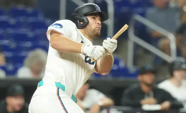 Miami Marlins' Jakob Marsee breaks his bat after hitting a single during the ninth inning of a baseball game against the New York Mets Wednesday, Sept. 9, 2026, in Miami. (AP Photo/Marta Lavandier)