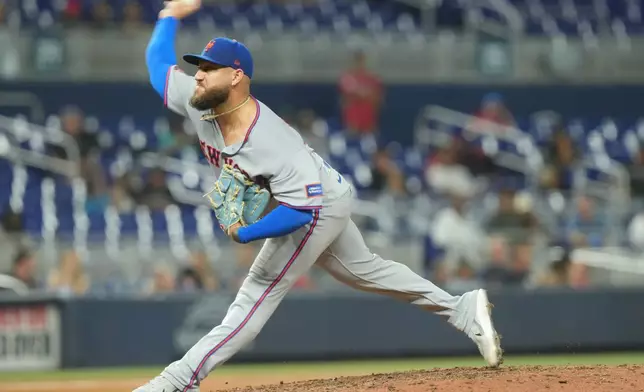 New York Mets pitcher Daniel Duarte aims a pitch during the seventh inning of a baseball game against the Miami Marlins Wednesday, Sept. 9, 2026, in Miami. (AP Photo/Marta Lavandier)