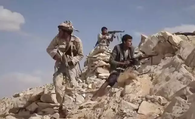 This image taken from an undated video released Tuesday, Sept. 15, 2026, by the Ansar Allah Media Office, the media arm of Yemen's Houthi rebels, shows what the group says are Houthi fighters battling Saudi-backed forces in eastern Jawf, Yemen. (Ansar Allah Media Office via AP)