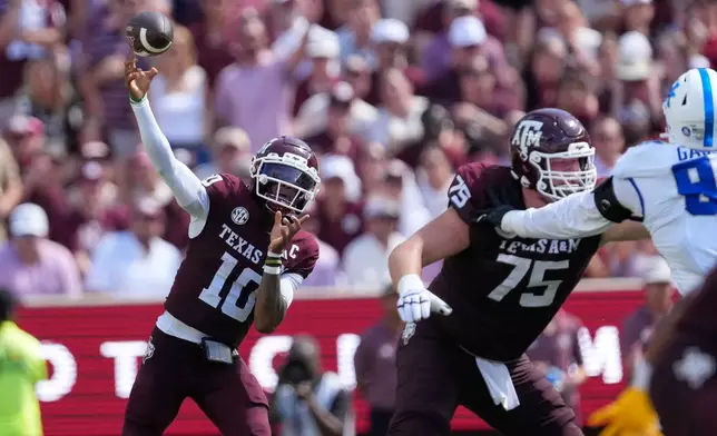 Texas A&M quarterback Marcel Reed (10) throws a pass against Kentucky during the first half of an NCAA college football game Saturday, Sept. 19, 2026, in College Station, Texas. (AP Photo/David J. Phillip)