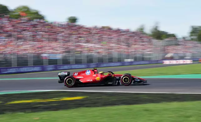 Ferrari driver Lewis Hamilton of Britain steers his car during the qualifying session ahead of the Italian Formula One Grand Prix, in Monza, Italy, Saturday, Sept. 5, 2026. (AP Photo/Luca Bruno)