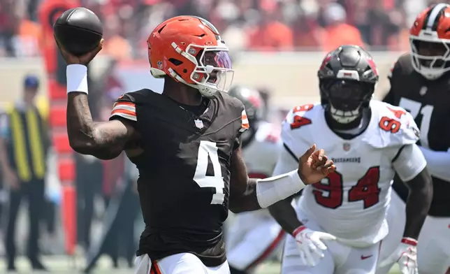 Cleveland Browns quarterback Deshaun Watson (4) aims to pass the ball during the first half of an NFL football game against the Tampa Bay Buccaneers in Tampa, Fla., Sunday, Sept. 20, 2026. (AP Photo/Jason Behnken)