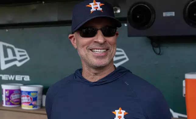 Houston Astros manager Joe Espada interviews with media before a baseball game against the Athletics, Saturday, Sept. 26, 2026, in West Sacramento, Calif. (AP Photo/Sara Nevis)