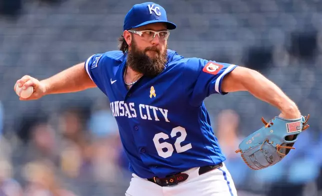 Kansas City Royals starting pitcher Randy Dobnak throws during the first inning of a baseball game against the Toronto Blue Jays, Sunday, Sept. 6, 2026, in Kansas City, Mo. (AP Photo/Charlie Riedel)