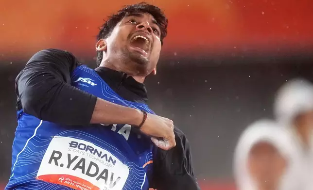 India's Rohit Yadav competes in the men's javelin throw final at the Asian Games in Nagoya, Japan, Monday, Sept. 28, 2026. (AP Photo/Lee Jin-man)