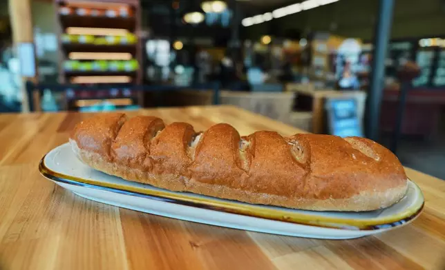 A loaf of Kernza bread is seen at Prairy, Monday, July 27, 2026, in Newton, Kan. (AP Photo/Joshua A. Bickel)