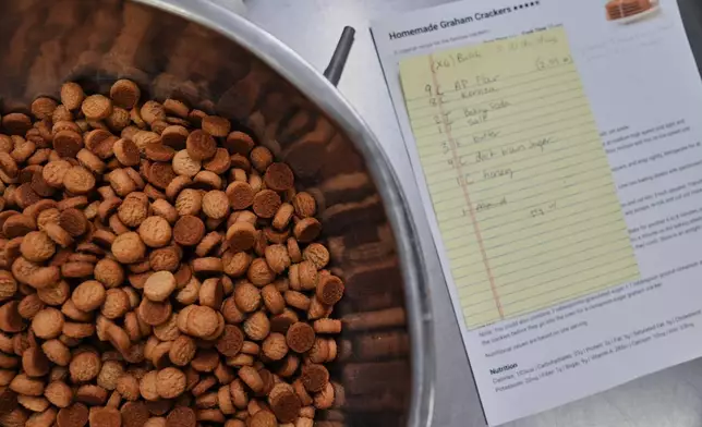 Small crackers made with Kernza flour sit in a bowl after baking in a test kitchen Tuesday, July 28, 2026, at Prairy in Newton, Kan. (AP Photo/Joshua A. Bickel)