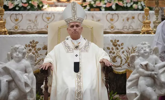 Pope Leo XIV celebrates a mass at the Basilica Sanctuary of the Mother of Good Counsel in Genazzano, central Italy, Monday, Sept. 7, 2026. (AP Photo/Andrew Medichini)