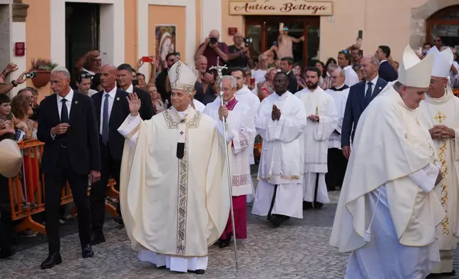 Pope Leo XIV arrives to celebrate a mass at the Basilica Sanctuary of the Mother of Good Counsel in Genazzano, central Italy, Monday, Sept. 7, 2026. (AP Photo/Andrew Medichini)