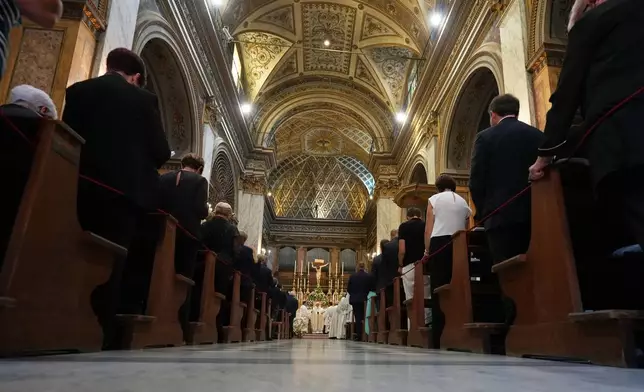 Pope Leo XIV celebrates a mass at the Basilica Sanctuary of the Mother of Good Counsel in Genazzano, central Italy, Monday, Sept. 7, 2026. (AP Photo/Andrew Medichini)