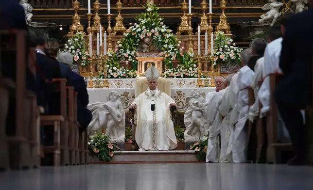 Pope Leo XIV celebrates a mass at the Basilica Sanctuary of the Mother of Good Counsel in Genazzano, central Italy, Monday, Sept. 7, 2026. (AP Photo/Andrew Medichini)
