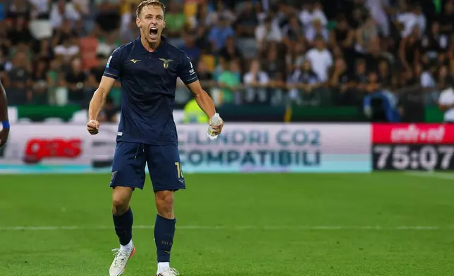 Lazio's Davide Frattesi celebrates scoring during the Serie A soccer match between Udinese and Lazio in Udine, Italy, Monday Sept. 7, 2026. (Andrea Bressanutti/LaPresse via AP)