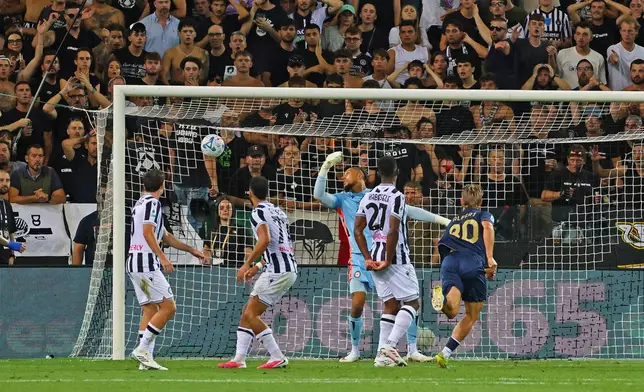 Lazio's Albert Gudmundsson, right, celebrates scoring during the Serie A soccer match between Udinese and Lazio in Udine, Italy, Monday Sept. 7, 2026. (Andrea Bressanutti/LaPresse via AP)