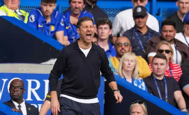 Chelsea's head coach Xabi Alonso reacts during the English Premier League soccer match between Chelsea and Hull City in London, Saturday, Sept. 12, 2026. (AP Photo/Dave Shopland)