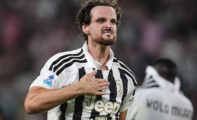 Juventus' Federico Gatti celebrates his goal against AC Milan during a Serie A soccer match in Turin, Italy, Sunday, Sept. 6, 2026. (Marco Alpozzi/LaPresse via AP)