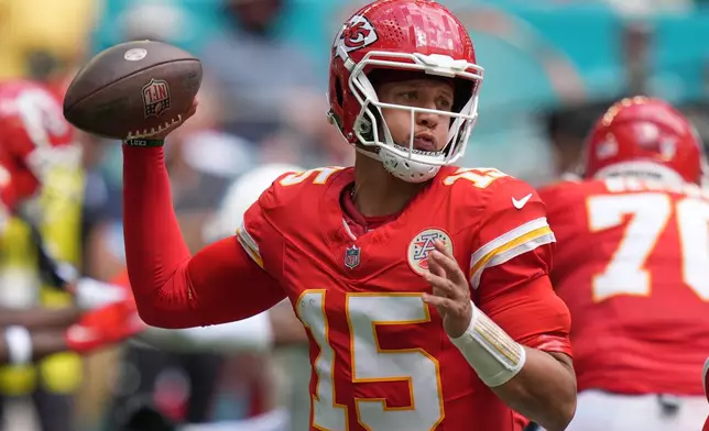 Kansas City Chiefs quarterback Patrick Mahomes (15) looks to pass during an NFL football game against the Miami Dolphins, Sunday, Sept. 27, 2026, in Miami Gardens. (AP Photo/Lynne Sladky)
