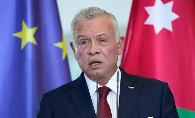 FILE - Jordan's King Abdullah II attends a news conference after a meeting with German Chancellor Friedrich Merz at the chancellery in Berlin, Germany, Tuesday, July 29, 2025. (AP Photo/Ebrahim Noroozi, File)