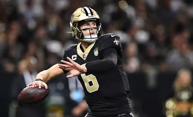 New Orleans Saints quarterback Tyler Shough (6) throws a pass during the first half of an NFL football game against the Las Vegas Raiders in New Orleans, Sunday, Sept. 27, 2026. (AP Photo/Ella Hall)