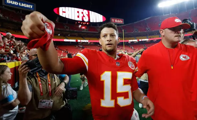 Kansas City Chiefs quarterback Patrick Mahomes leaves the field following an NFL football game against the Denver Broncos, Monday, Sept. 14, 2026, in Kansas City, Mo. (AP Photo/Colin E. Braley)