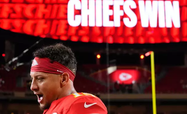 Kansas City Chiefs quarterback Patrick Mahomes is interviewed following an NFL football game against the Denver Broncos, Monday, Sept. 14, 2026, in Kansas City, Mo. (AP Photo/Charlie Riedel)