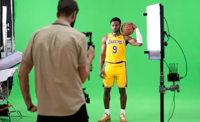 Los Angeles Lakers guard Bronny James poses for picture during media day Monday, Sept. 28, 2026, in El Segundo, Calif. (AP Photo/Mark J. Terrill)