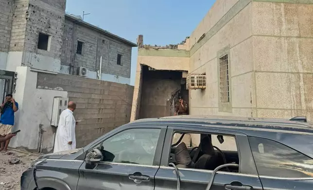 This photo provided by the Saudi Press Agency shows damage to a building after a projectile fell in Al-Tawwal, Jazan, Saudi Arabia, on the southern border with Yemen, Saturday, Sept. 12, 2026. (Saudi Press Agency via AP)