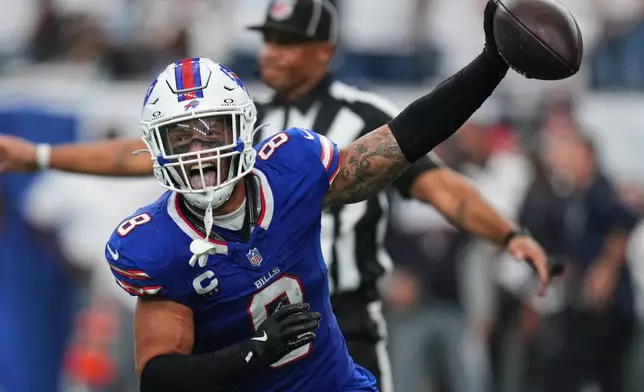 Buffalo Bills linebacker Terrel Bernard (8) reacts after recovering a fumble against the Houston Texans during the second half of an NFL football game, Sunday, Sept. 13, 2026, in Houston. (AP Photo/Eric Christian Smith)