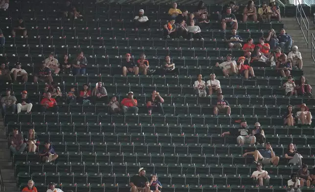 Fans sit among empty seats during the second inning in Game 1 of baseball's American League Wild Card Series between the Houston Astros and Chicago White Sox, Tuesday, Sept. 29, 2026, in Houston. (AP Photo/Karen Warren)