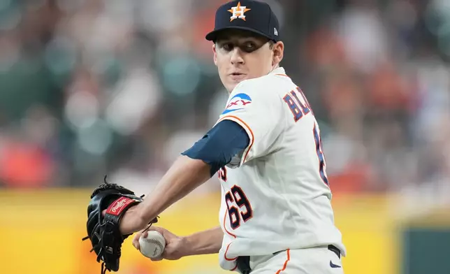 Houston Astros starting pitcher AJ Blubaugh (69) delivers during the first inning in Game 1 of baseball's American League Wild Card Series against the Chicago White Sox, Tuesday, Sept. 29, 2026, in Houston. (AP Photo/Karen Warren)