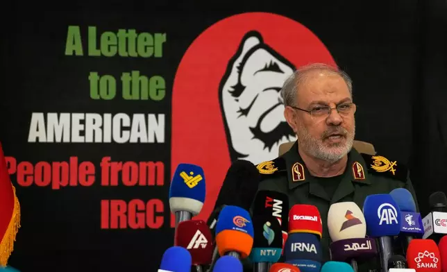 Iran's Revolutionary Guard spokesman Gen. Hossein Mohebbi speaks during a news conference in Tehran, Iran, Tuesday, Sept. 29, 2026. (AP Photo/Vahid Salemi)