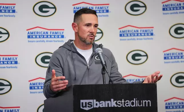 Green Bay Packers head coach Matt LaFleur responds to a question during a news conference after an NFL football game against the Minnesota Vikings, Sunday, Sept. 13, 2026, in Minneapolis, Minn. (AP Photo/Bailey Hillesheim)