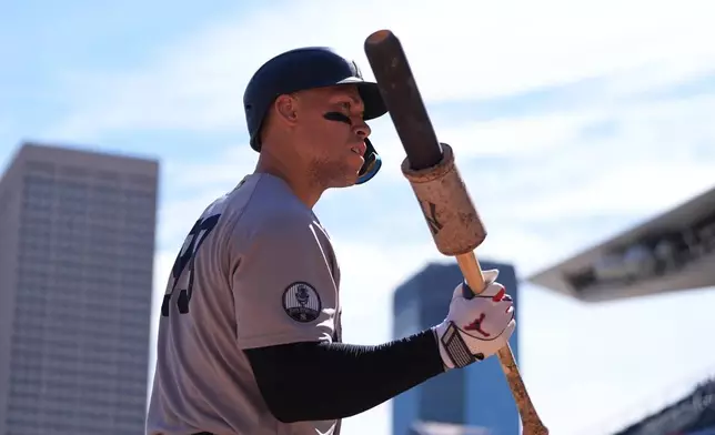 New York Yankees' Aaron Judge waits on deck during the first inning of a baseball game against the Minnesota Twins, Wednesday, Sept. 16, 2026, in Minneapolis. (AP Photo/Abbie Parr)