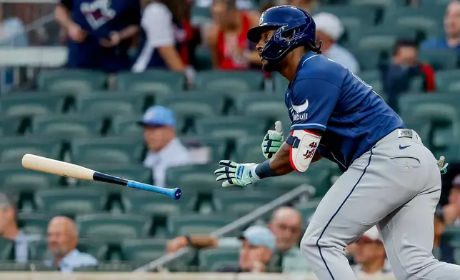 Tampa Bay Rays' Jorge Mateo flips his bat away after hitting a two-run single against the Atlanta Braves during the second inning of a baseball game, Wednesday, Sept. 9, 2026, in Atlanta. (AP Photo/Erik S. Lesser)