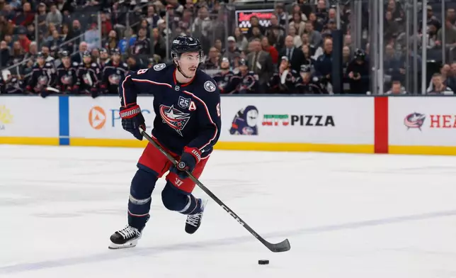 FILE - Columbus Blue Jackets' Zach Werenski plays against the Los Angeles Kings during an NHL hockey game, March 9, 2026, in Columbus, Ohio. (AP Photo/Jay LaPrete, File)