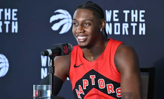 Toronto Raptors forward RJ Barrett speaks at the Raptors media day in Toronto on Monday, Sept. 28, 2026. (Jon Blacker/The Canadian Press via AP)