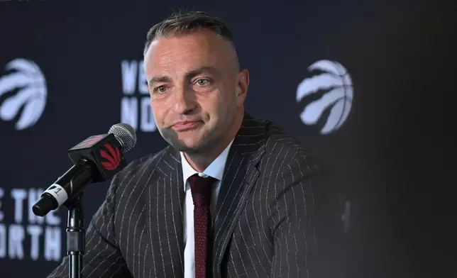 Toronto Raptors head coach Darko Rajakovic speaks at the Raptors media day in Toronto on Monday, Sept. 28, 2026. (Jon Blacker/The Canadian Press via AP)