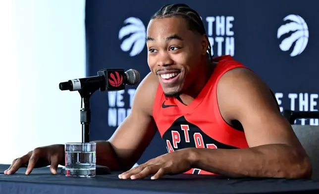 Toronto Raptors forward Scottie Barnes speaks at the Raptors media day in Toronto on Monday, Sept. 28, 2026. (Jon Blacker/The Canadian Press via AP)