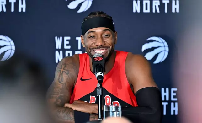 Toronto Raptors forward Kawhi Leonard speaks at the Raptors media day in Toronto on Monday, Sept. 28, 2026. (Jon Blacker/The Canadian Press via AP)