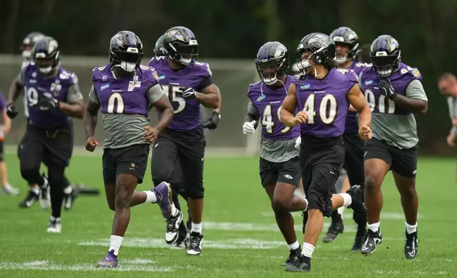 Baltimore Ravens players work out during a practice for an NFL football game against the Dallas Cowboys in Rio de Janeiro, Friday, Sept. 25, 2026. (AP Photo/Andre Penner)