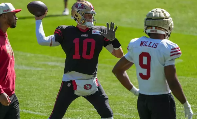 San Francisco 49ers quarterback Mac Jones works out during practice Tuesday, Sept. 8, 2026, in Melbourne, Australia, in preparation for an NFL football game against the Los Angeles Rams. (AP Photo/Asanka Brendon Ratnayake)