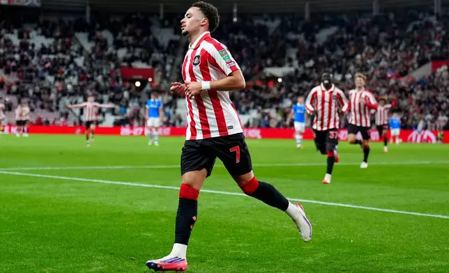 Sunderland's Chemsdine Talbi celebrates scoring during the English League Cup third round soccer match between Sunderland and Hull City, Sunderland, England, Tuesday Sept. 8, 2026. (Owen Humphreys/PA via AP)