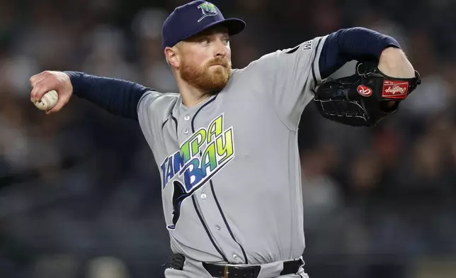 Tampa Bay Rays pitcher Drew Rasmussen throws in the first inning during the second baseball game of a doubleheader against the New York Yankees, Tuesday, Sept. 22, 2026, in New York. (AP Photo/Adam Hunger)