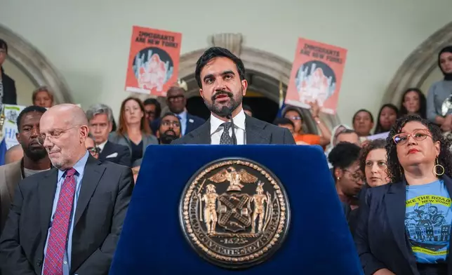 New York City Mayor Zohran Mamdani speaks during an announcement of a lawsuit filed by New York and 21 other states challenging the federal government's new public charge rule, on Monday, Sept. 14, 2026, in New York. (AP Photo/Ryan Murphy)