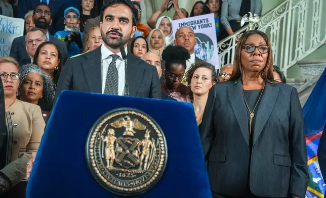 New York City Mayor Zohran Mamdani and New York Attorney General Letitia James announce a lawsuit filed by New York and 21 other states challenging the federal government's new public charge rule, on Monday, Sept. 14, 2026, in New York. (AP Photo/Ryan Murphy)