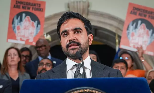 New York City Mayor Zohran Mamdani speaks during an announcement of a lawsuit filed by New York and 21 other states challenging the federal government's new public charge rule, on Monday, Sept. 14, 2026, in New York. (AP Photo/Ryan Murphy)