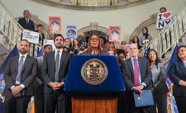 New York Attorney General Letitia James speaks during an announcement of a lawsuit filed by New York and 21 other states challenging the federal government's new public charge rule, on Monday, Sept. 14, 2026, in New York. (AP Photo/Ryan Murphy)