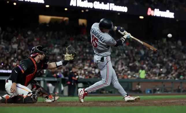 Minnesota Twins' Luke Keaschall (15) hits an RBI triple in front of San Francisco Giants catcher Drew Cavanaugh, left, during the sixth inning of a baseball game in San Francisco, Tuesday, Sept. 22, 2026. (AP Photo/Jed Jacobsohn)