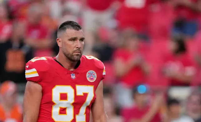 Kansas City Chiefs tight end Travis Kelce looks on prior to an NFL football game against the Denver Broncos, Monday, Sept. 14, 2026, in Kansas City, Mo. (AP Photo/Charlie Riedel)