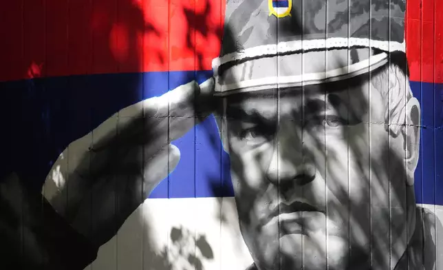 A mural shows former Bosnian Serb wartime general Ratko Mladic in Belgrade, Serbia, Wednesday, Sept. 2, 2026. (AP Photo/Darko Vojinovic)