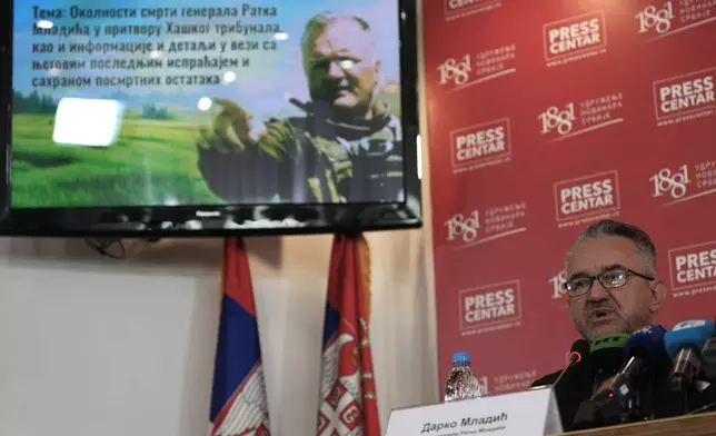 Darko Mladic, son of former Bosnian Serb wartime general Ratko Mladic speaks during a press conference in Belgrade, Serbia, Friday, Sept. 4, 2026. (AP Photo/Darko Vojinovic)